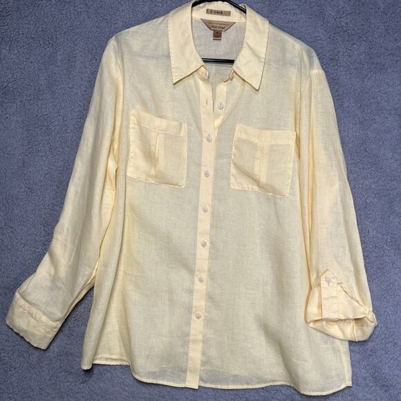 Gold Label Investments Women’s 18 Yellow Linen Button Down Roll Tab Collar Shirt - Picture 1 of 8
